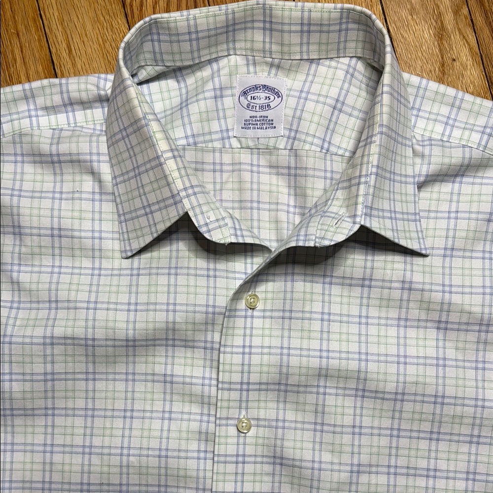 Brooks Brothers Men's Plaid Shirt - Green and Blue 16 1/2 - 35